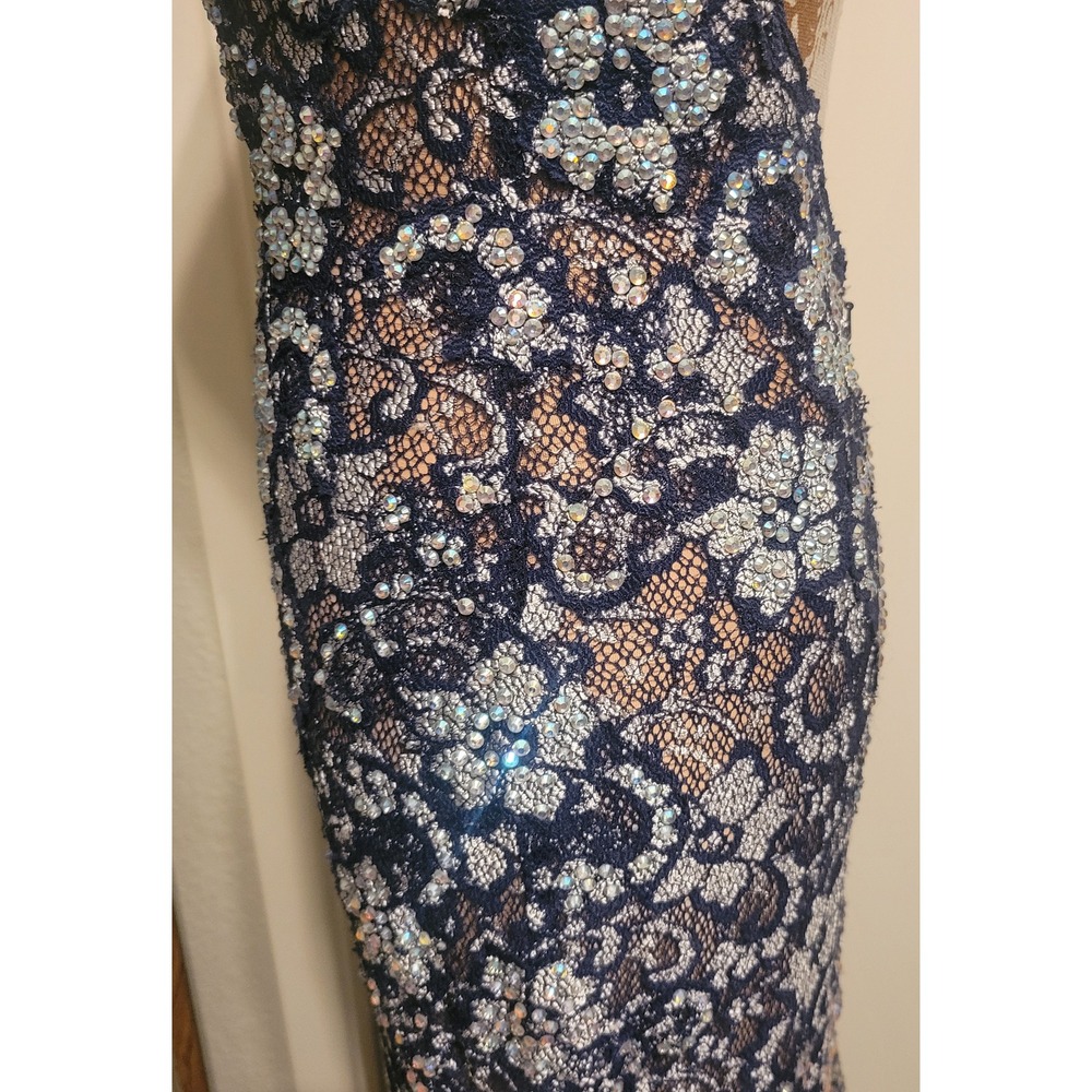 Jovani Navy Blue Lace Open Back Mermaid Prom Gown Silver Rhinestones Fitted sz 4 - Picture 11 of 16
